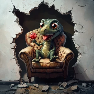 A cute, expressive young,  little dinosaur with a guilty expression, expressive eyes,  is sitting on a vintage oversized quilted reading chair. He has a red shiny lollipop in his hand and is licking it. His tongue shows as he is licking the lollipop. The scene is shown in dark lighting with the light accentuating the dinosaur. The scene is shown through a hole in the wall. The floor part of the scene is vintage dark cobble stones. The hole in the white plaster wall is realistic and surrounds the whole owith some cracks.