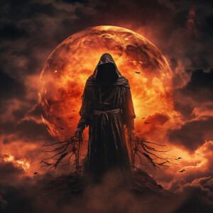 Double exposure portrait of  the grim reaper forming clouds kiss...