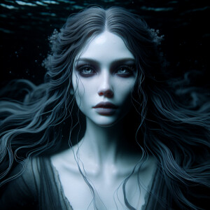 A mermaid with pale skin and cold eyes. Long dark hair. Floating...