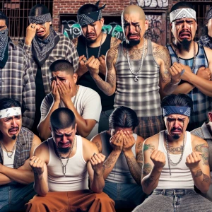 Members of a Mexican gang displaying emotion, with tears streaming down their faces.