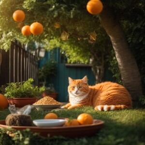An orange cat, chubby and fat, with a round belly and fluffy fur...