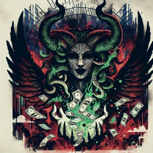 Medusa style face and head create an illustration of a commandin...