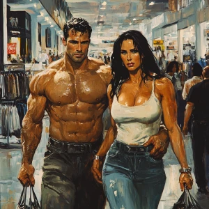 Cinematic painting style,A muscular man, glistening with sweat,...