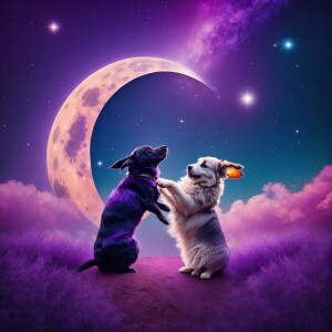 A dog and a bunny dancing with moon and stars, Colourfull galaxy...