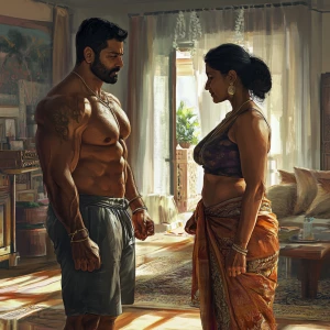 Digital art 1:1, a muscular sweating man standing in his spaciou...