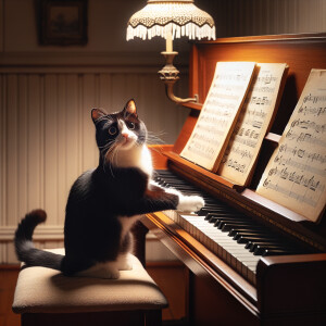 a cat playing piano