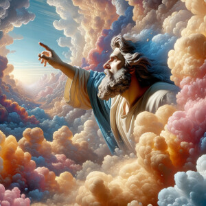 Create a 3-D realistic oil, painting Jesus Christ coming in the blue, gold, pink and white clouds with great power and glory up close, tears rolling down his face,