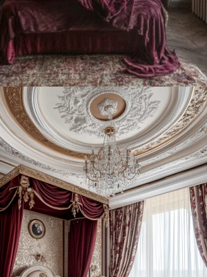 photo of a baroque palace bedroom with canopy bed, baroque class...