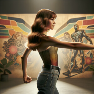 Athletic Thin skinny Attractive, Asian teenage girl, long brown hair and bangs, wearing tight skinny jeans and a halter top paint marks on her clothing, heroic pose Asian graffiti background, side view