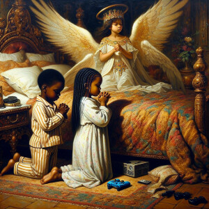 An oil painting of two African-American children with dark skin,...