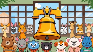 Create a cartoon-style image of a school bell ringing at a schoo...