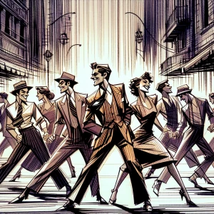 A scene from a musical, like West Side Story, in the style of Al...