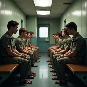 Group of teenage Caucasian male inmates, handcuffed with hands b...