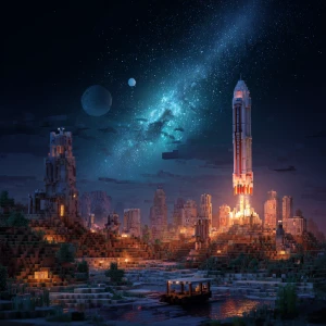 Создайте изображение в стиле Minecraft, изображающее космос.