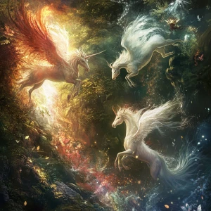 Depict the stages of a mythical creature undergoing a magical tr...