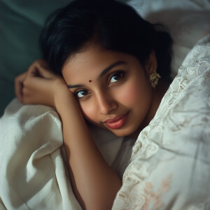 Create a photograph of a 25-year-old Indian woman reclining in b...