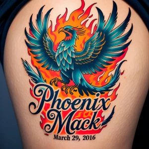 Design a phoenix-themed tattoo incorporating the name "Phoenix M...