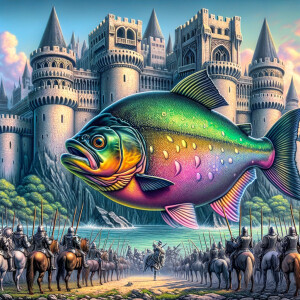 Cute giant purple and neon green piranha