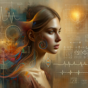 Abstract, minimalist, painting, with pencil line, paint stroke, gestures, colorful marks, mathematical equations, electrical cardiogram, printouts complex math formulas, dna asian teen girl