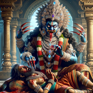 portrait of angry looking goddess kali, blue skinned, sitting on a gold crown and carrying a weak mahishasur on her lap and stabbing him with her amazing red finger nails. She is wearing diamond armor, a huge diamond crown, red saree, abundant diamond jewelry, covered in blood. The scene is set in ancient India. The image is 8K resolution, cinematic, ultra detailed face and epic.