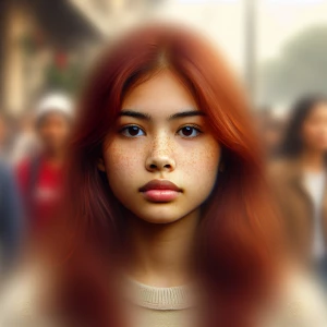 Create a digital image of a 16-year-old girl with red hair, frec...