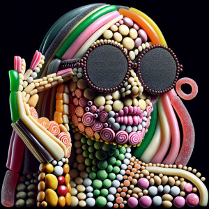 portrait of a woman made entirely out of candy, licorice and sma...
