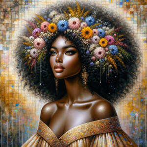 Imagine a painting of an Hawaiian African-American woman with de...