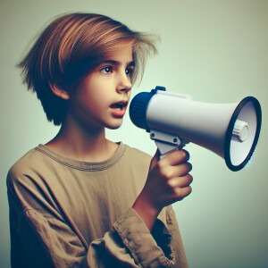 A girl with a megaphone in her hand, the girl hairstyle should b...