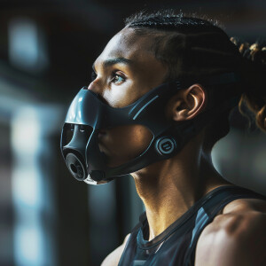 A breathing mask covering mouth and nose suppose to track data a...