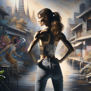 Athletic Thin skinny Attractive, Asian teenage girl, long brown hair and bangs, wearing tight skinny jeans and a halter top paint marks on her clothing, heroic pose Asian graffiti background, backside view