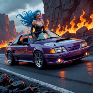 Gritty, high-contrast digital art in the style of a comic book illustration. A stunning, blue-haired demoness leans out the window of a modified 1992 Ford mustang , her wild locks billowing in the wind. The car is a hot rod masterpiece, with a supercharger protruding through the hood scoop, oversized wheels, and a sleek, glossy purple glitter  metallic paint job adorned with flaming white pinstripes. The demoness is a vision of sensuality, with smoldering eyes, luscious lips, and a mischievous grin. She's dressed in a skin-tight, flame-patterned bodysuit that leaves little to the imagination, complete with thigh-high boots and fingerless gloves. The road stretches out before her, a hellish landscape of volcanic rocks and roaring flames that line the sides and center divider, casting an ominous, fiery glow over the scene. Medium close-up, low angle shot from the side, capturing the demoness and her hot rod in all