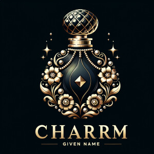 Design a fancy, black and gold bottle of perfume in the shape of a woman’s body. With a golden diamond top, flowers pearls and Diamonds in the name, Karen