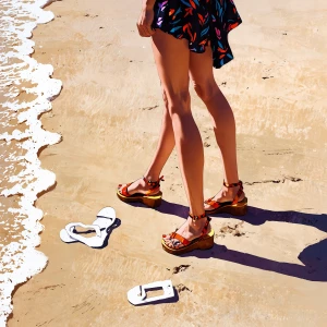 Hot bikini on woman at the beach drawing sandals