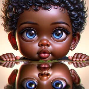 A curious cute african-American, baby with huge blue eyes and cu...