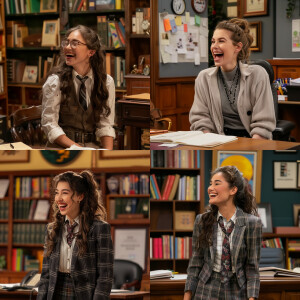 A college girl laughing in the headmaster office, scene from a N...