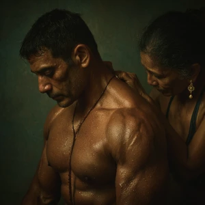 hyperRealism photo painting.a muscular sweaty indian employer ma...