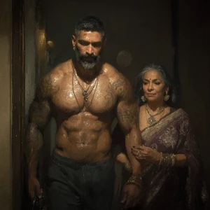 Realism,digital painting.a muscular, tattooed Indian man with a...