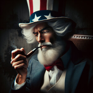 Uncle Sam is depicted sitting in his chair, contemplatively smok...