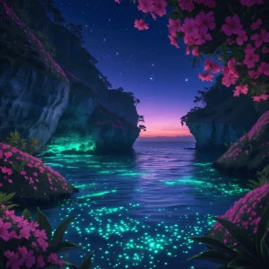 Bioluminescent ocean cove at twilight:** A hidden cove with crys...