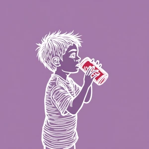 A digital painting depicting a boy drinking from a Coca-Cola can...