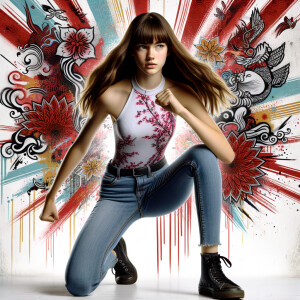 teenage girl, long brown hair and bangs, wearing tight skinny jeans and a halter top paint marks on her clothing, heroic pose Asian graffiti background, nearing on one knee