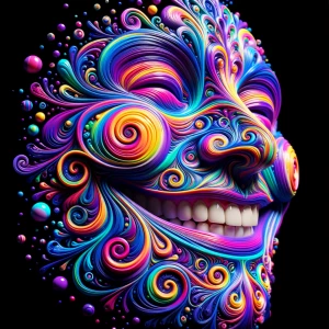 Create a 3D 8K UHD image of a large smiling face composed of fre...