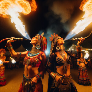 A fire festivals in Texas with fire dancers, 2 women, ornate cos...