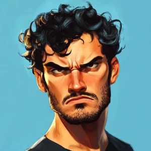 Well done handsome man with black curly hair, short hair, thick...