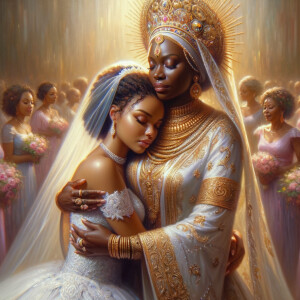 Imagine a hyper-realistic oil painting that captures a tender moment between theAfrican American bride and her God. The setting is intimate and filled with soft, warm lighting that enhances the emotional depth of the scene. The bride, in herexquisite wedding gown, shares a heartfelt embrace with her african-American Lord Jesus , who is dressedin an elegant outfit that complements the wedding's color scheme. Their expressions are full of love, pride, and joy, reflecting the special bond between them. Theattention to detail is paramount, from the intricate designs of their dresses to the subtle emotions conveyed in their facial expressions. The background is a blur ofgentle pastel hues, ensuring that the focus remains on this touching moment. Thispainting should convey the warmth, love, and depth of the relationship, with the rich textures and vibrant strokes characteristic of oil paintings, capturing the essence of this significant pre-wedding moment.