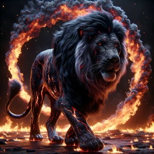A colossal Black Lion, fur rippling with obsidian-like sheen, ve...