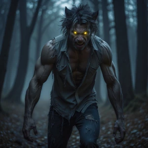 scruffy man, torn clothes, wild messy hair, glowing fierce eyes,...