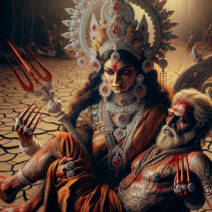 portrait of intense looking, muscular beautiful goddess durga carrying a short weak evil man and stabbing him with her red fingernails. She is wearing diamond saree, diamond armor, a huge diamond crown, abundant diamond jewelry. The scene is set in a dry landscape.  blood everywhere. The image is 8K resolution, cinematic, ultra detailed face and epic.