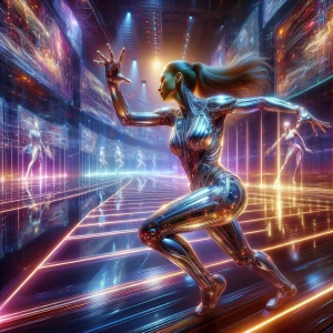 In a mesmerizing display of neon-lit holographic extravagance, a charismatic female figure dances on stage surrounded by a symphony of digital visuals. This vivid scene is captured in a hyper-realistic acrylic painting, with each pixel-painted detail exuding an otherworldly glow. The performer's sleek, metallic suit reflects the pulsating lights, while their electrifying movements seem to defy gravity. The overall image is a masterful blend of futuristic technology and artistic skill, immersing viewers in a virtual concert experience like no other.