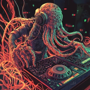 An extraterrestrial DJ characterized by drum machine-textured skin and tentacles resembling audio soundwaves, rhythmically pulsating in sync with an acid house track, illustrated in the dynamic and pixelated aesthetic of 909 art.